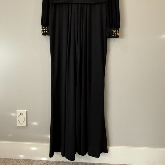 Elegant Long Sheer Sleeve Deep V-Neck Jumpsuit Wide Leg Gold Studs XL - Picture 2 of 8